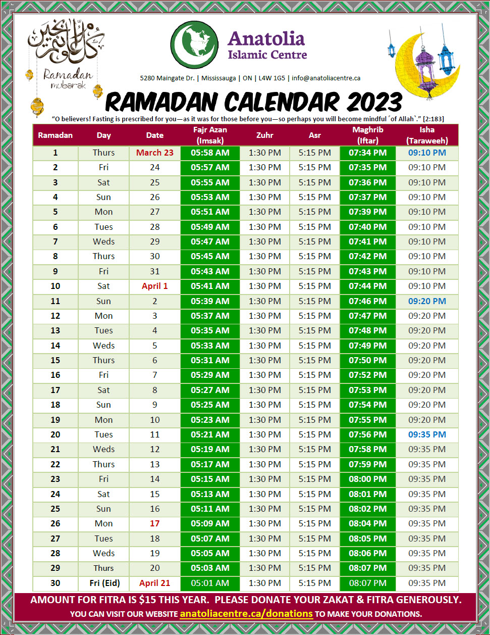 Ramadan Calendar 2023 Anatolia Islamic Centre