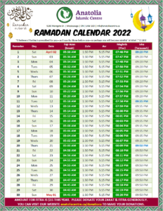 Ramadan Calendar 2022 – Anatolia Islamic Centre