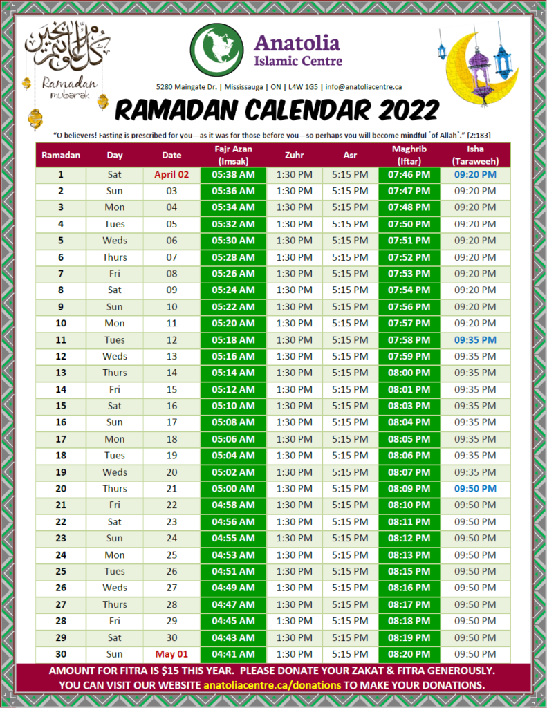 Ramadan Calendar 2022 Toronto Ahmadiyya.Ramadan Calendar 2022 Anatolia Islamic Centre